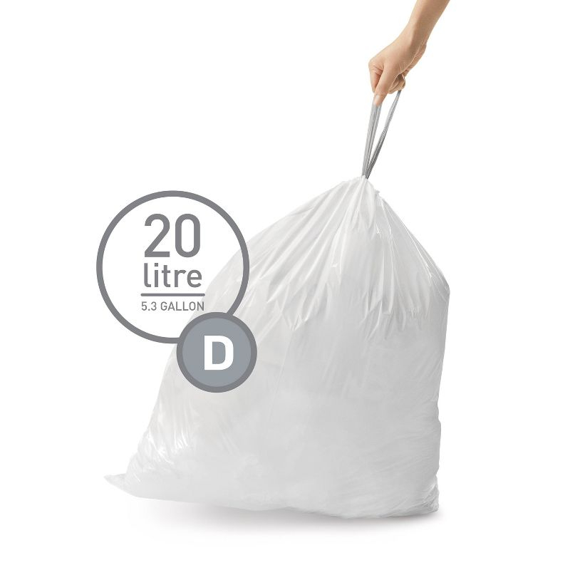 simplehuman 20L Code D Custom Fit Kitchen Trash Bag Liners 5 Quick-Dispense Packs - 100ct: Unscented, Drawstring, White