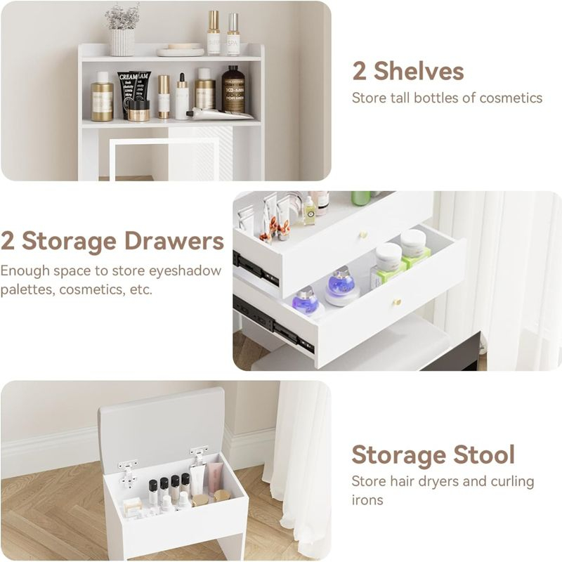 White Small Vanity Desk Set with Mirror and Lights Makeup Table with Drawer, Storage Chair, and Fold-up Panel for Small Space Bedroom