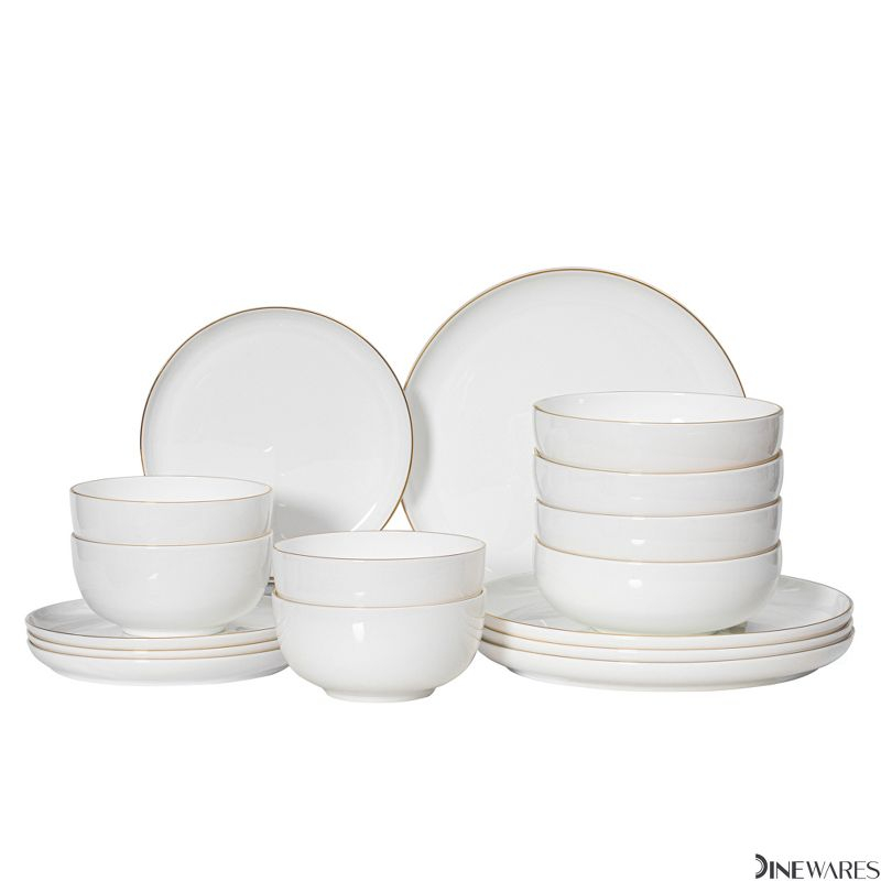 Dinewares White with Gold Rim Bone China Dinnerware Set - Service for 4, Includes Dinner Plates, Salad Plates, and Cereal or Soup Bowls
