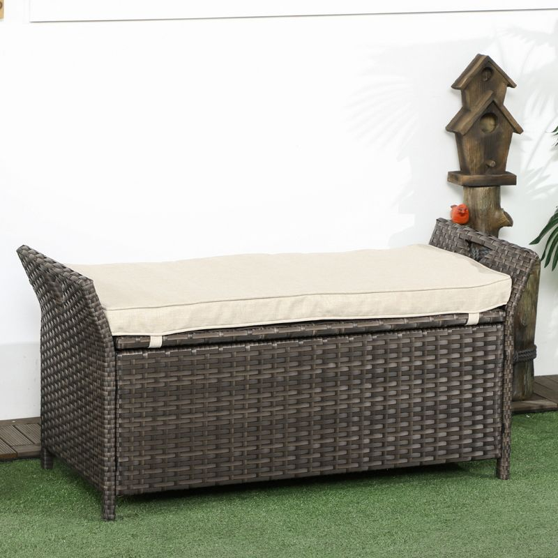 Outsunny 29 Gallon Patio Wicker Storage Bench, Outdoor PE Rattan Patio Furniture, 2-In-1 Footstool Rectangle Basket Box w/ Handles & Cushion, Cream