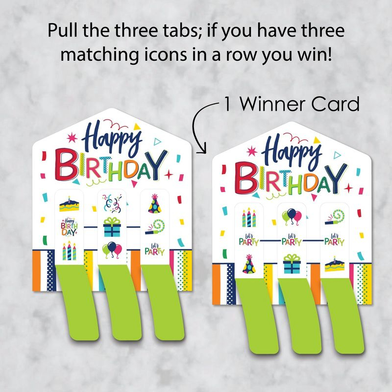 Big Dot of Happiness Cheerful Happy Birthday - Colorful Birthday Party Game Pickle Cards - Pull Tabs 3-in-a-Row - Set of 12