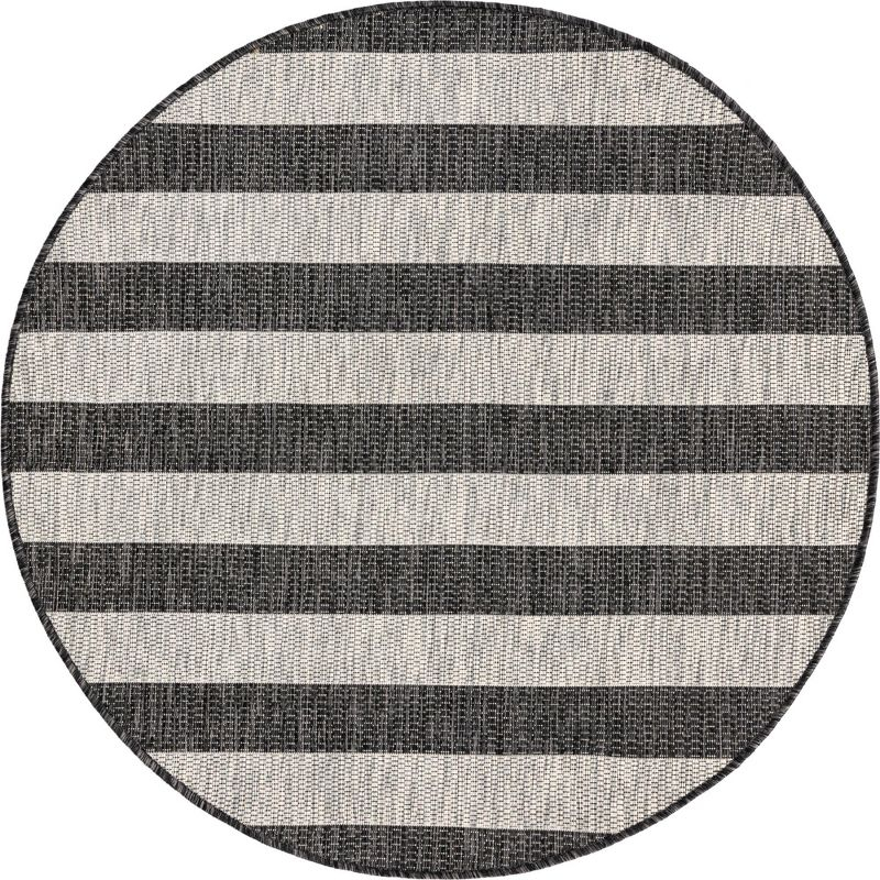 Unique Loom 4' 1 x 4' 1 Round Indoor/Outdoor Striped Charcoal Gray Area Rug