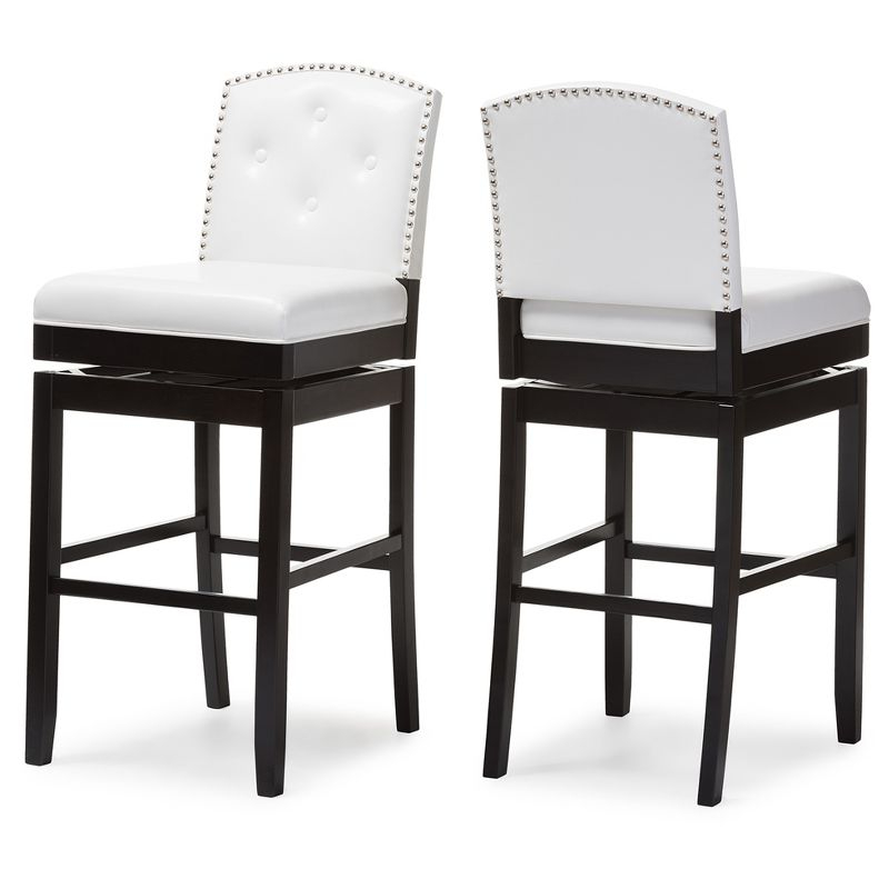 Set of 2 Ginaro Faux Leather Button Tufted Upholstered Swivel Barstools White - Baxton Studio: Nailhead Trim, Rubberwood Frame