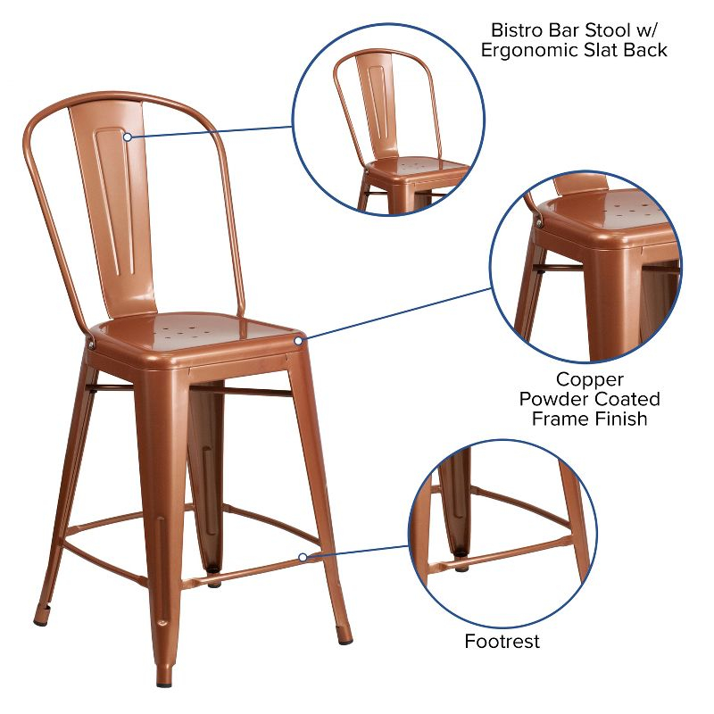 Flash Furniture Commercial Grade 24" High Copper Metal Indoor-Outdoor Counter Height Stool with Back