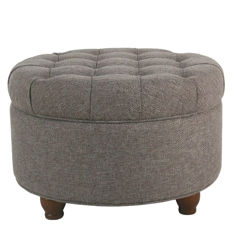 Large Tufted Round Storage Ottoman with Lid & Wood Legs - HomePop