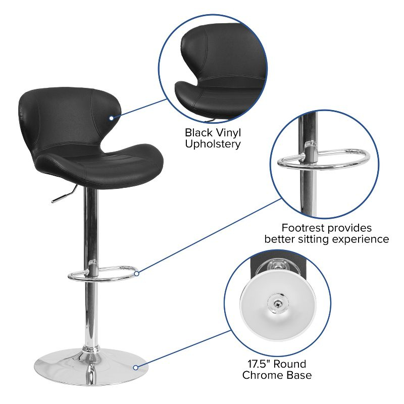 Flash Furniture Contemporary Black Vinyl Adjustable Height Barstool with Curved Back and Chrome Base
