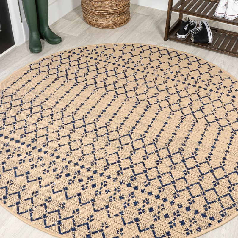5' Round Ourika Moroccan Geometric Textured Weave Indoor/Outdoor Area Rug, Beige/Navy - JONATHAN Y