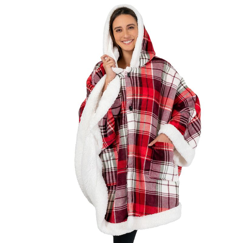 PAVILIA Angel Wrap Hooded Blanket for Women Adult, Wearable Cozy Wrap Throw Fleece Shawl Cape, Tartan Plaid/Faux Shearling