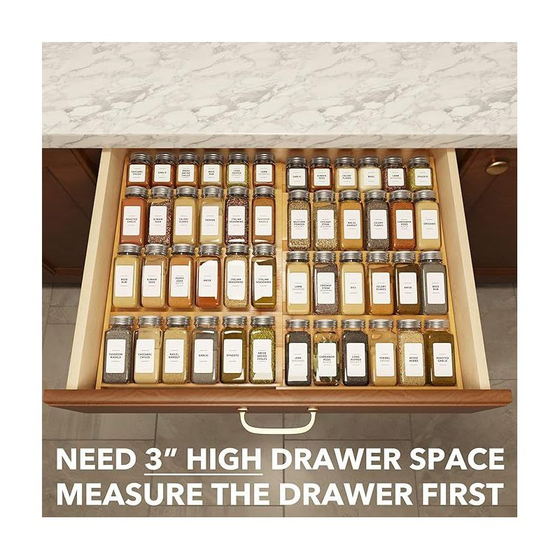 Bamboo Spice Drawer Organizer, Expandable 4 Tier Spices Rack for Cabinet Drawer,(Jars Not Included, From 12" to 23" Wide)