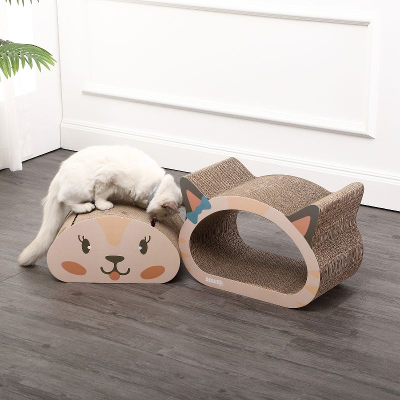 THE LICKER STORE Opal 19" Modern Cardboard Happy Cat Head 2-in-1 Cat Cave Scratcher with Built-In Bell Toys and Catnip, Cream/Peach