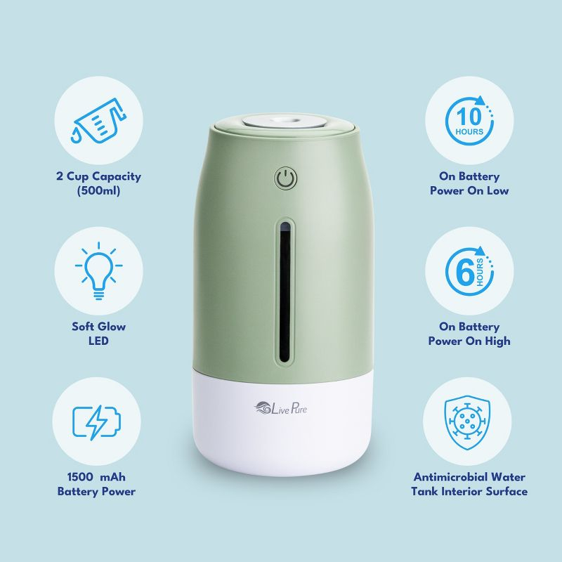 LivePure Aqua Glo Cool Mist Humidifiers for Bedroom. Small Humidifier for Babies, Nursery, Plants, Office. Ultrasonic Cool Mist Humidifier w/ Quiet