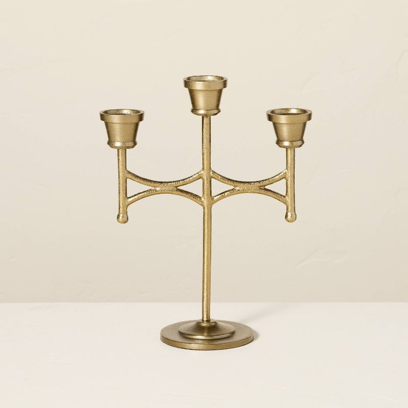 Scalloped Brass 3ct Taper Candelabra Antique Finish - Hearth & Hand™ with Magnolia: Farmhouse Candle Holder Decor