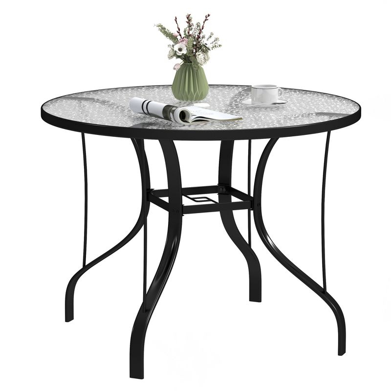 Outsunny 38" Round Patio Table, Outdoor Dining Table Tempered Glass Metal Frame Bistro Table with Umbrella Hole, for Deck, Yard, Balcony, Lawn, Pool