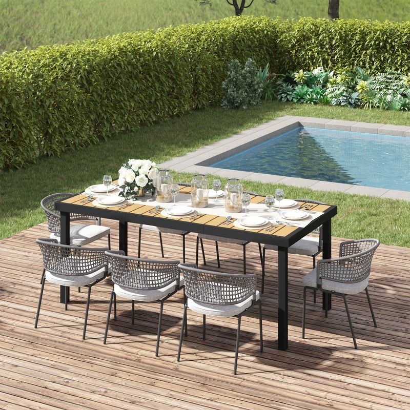 Outsunny 75" x 35" Outdoor Dining Table for 8 People, Rectangular Aluminum Frame Garden Table with All-Weather Faux Wood Top, Natural