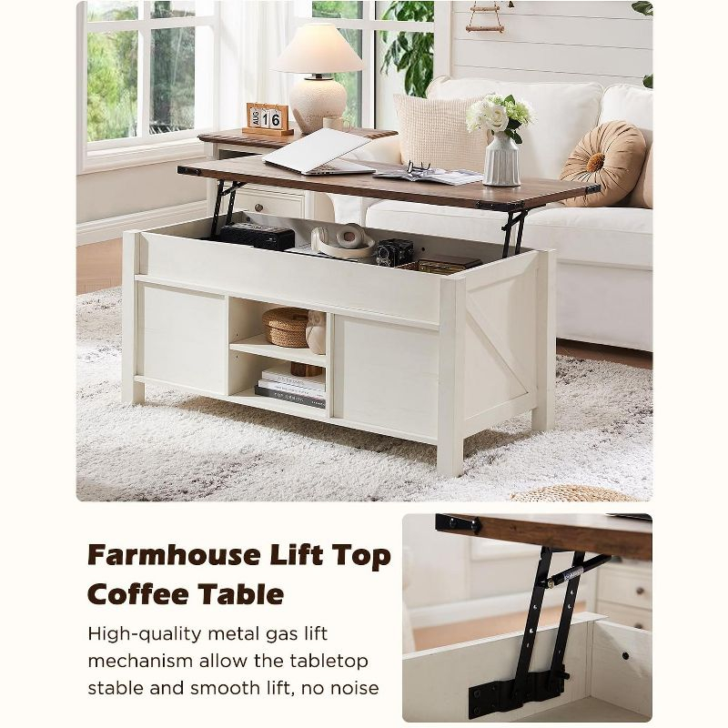 OKD 48" Farmhouse Lift Top Coffee Table with Sliding Barn Door & Adjustable Shelf, Antique White