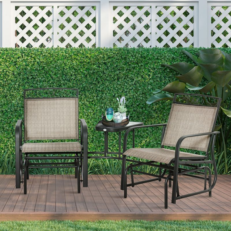 Outsunny Outdoor Glider Chairs with Coffee Table, Patio 2-Seat Rocking Chair Swing with Breathable Sling for Backyard, Garden and Porch, Brown