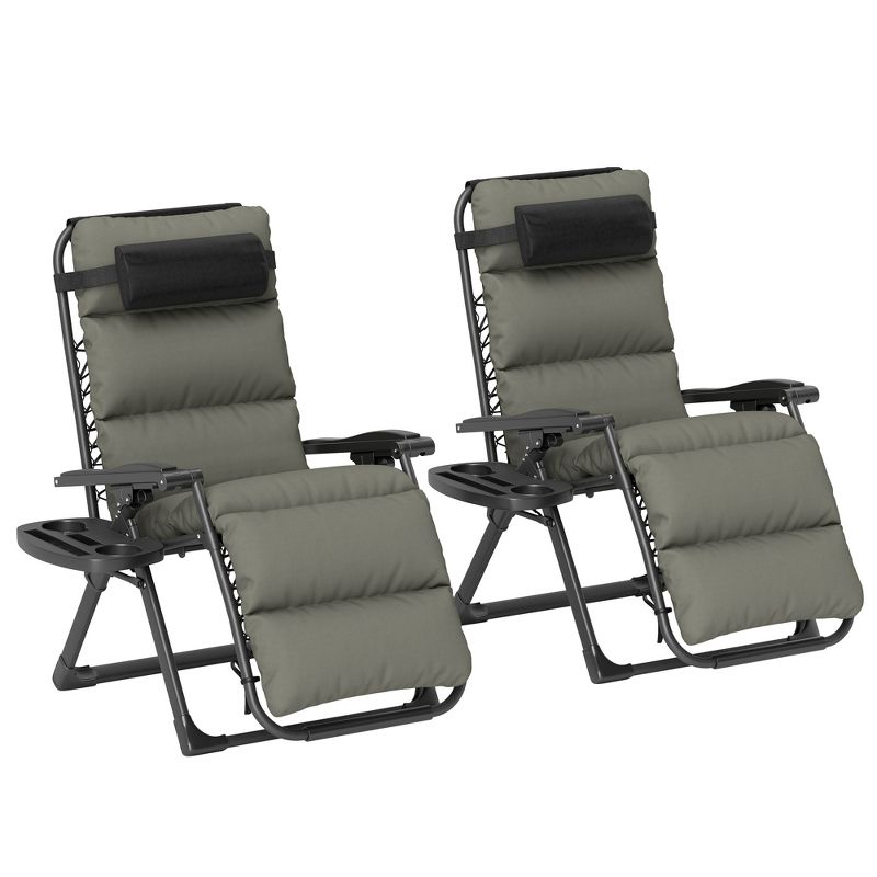 Outsunny Zero Gravity Lounge Chair Set of 2 Reclining Folding Outdoor Lounge Chairs with Cushion, Headrest, and Side Tray for Patio, Beach, Gray