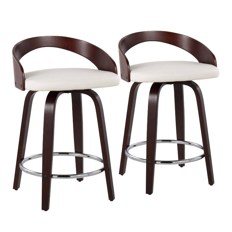 Set of 2 Grotto Upholstered Counter Height Barstools White/Cherry - Lumisource: Swivel, Chrome Footrest, Wood Legs