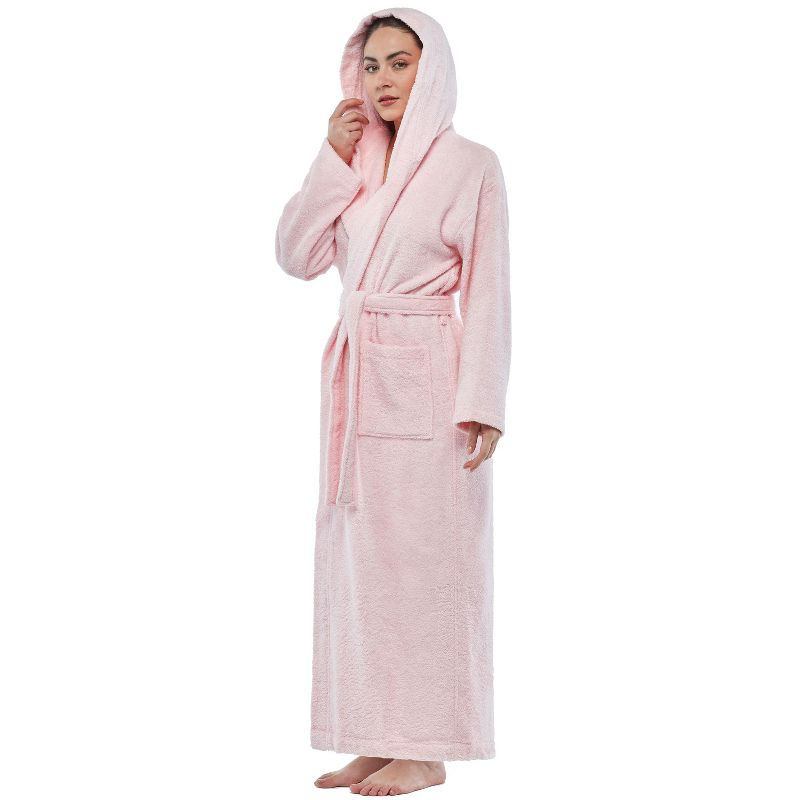 Arus Women's Turkish Terry Cotton Hooded Robe, Full Length Long Bathrobe with Hood , Rose , X Small