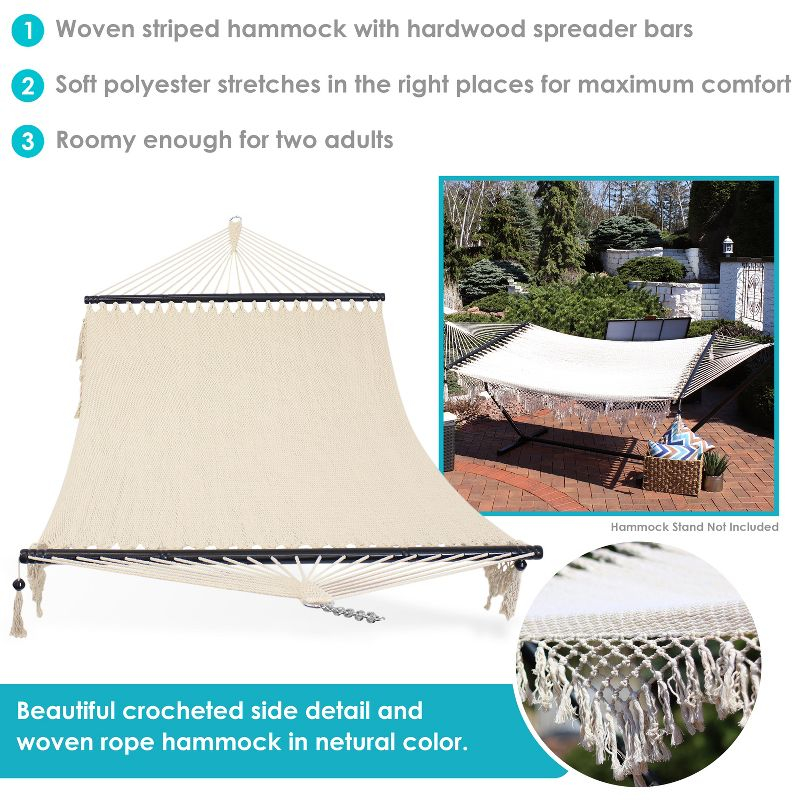 Sunnydaze Heavy-Duty 2-Person Woven Polyester Style Hammock with Crocheted edges and Wooden Spreader Bars - 600 lb Weight Capacity - Natural