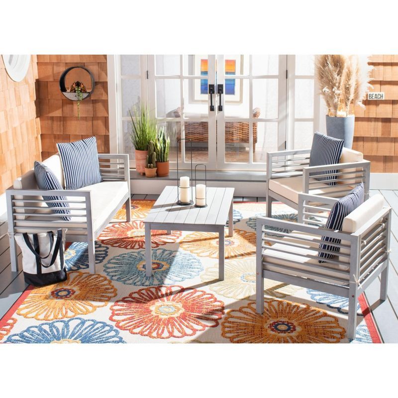 Alda 4 Piece Set - Indoor/Outdoor - PAT7033 - Grey/Beige + Thin Stripe Pillow - Safavieh