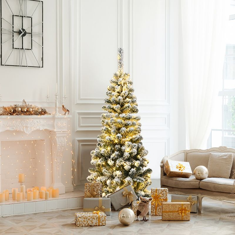 Costway 4.5Ft Pre-lit Snow Flocked Artificial Pencil Christmas Pine Tree with 150 LED Lights