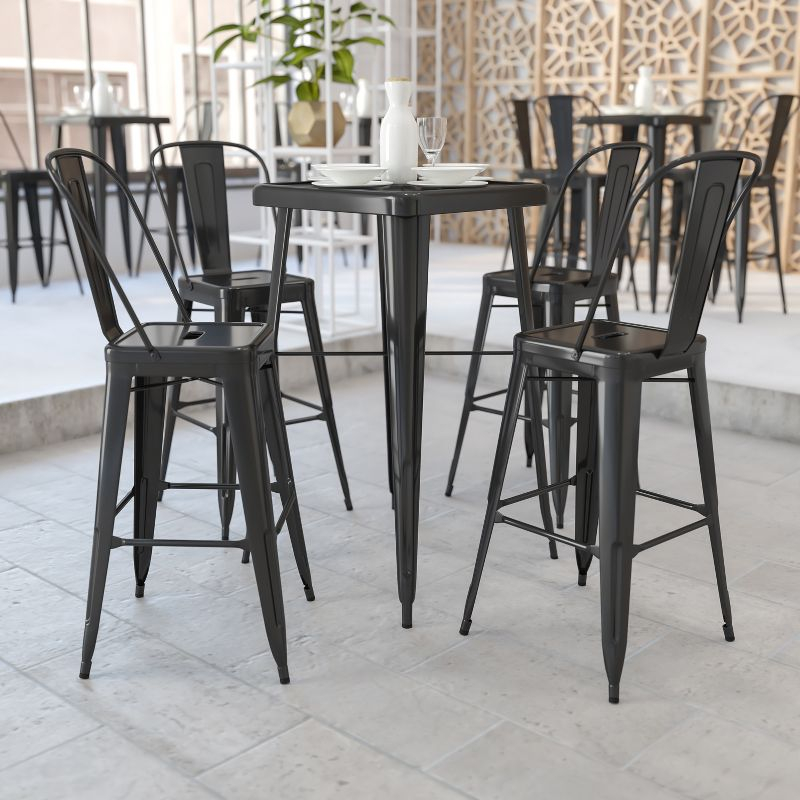 Flash Furniture Commercial Grade 23.75" Square Black Metal Indoor-Outdoor Bar Table Set with 2 Stools with Backs