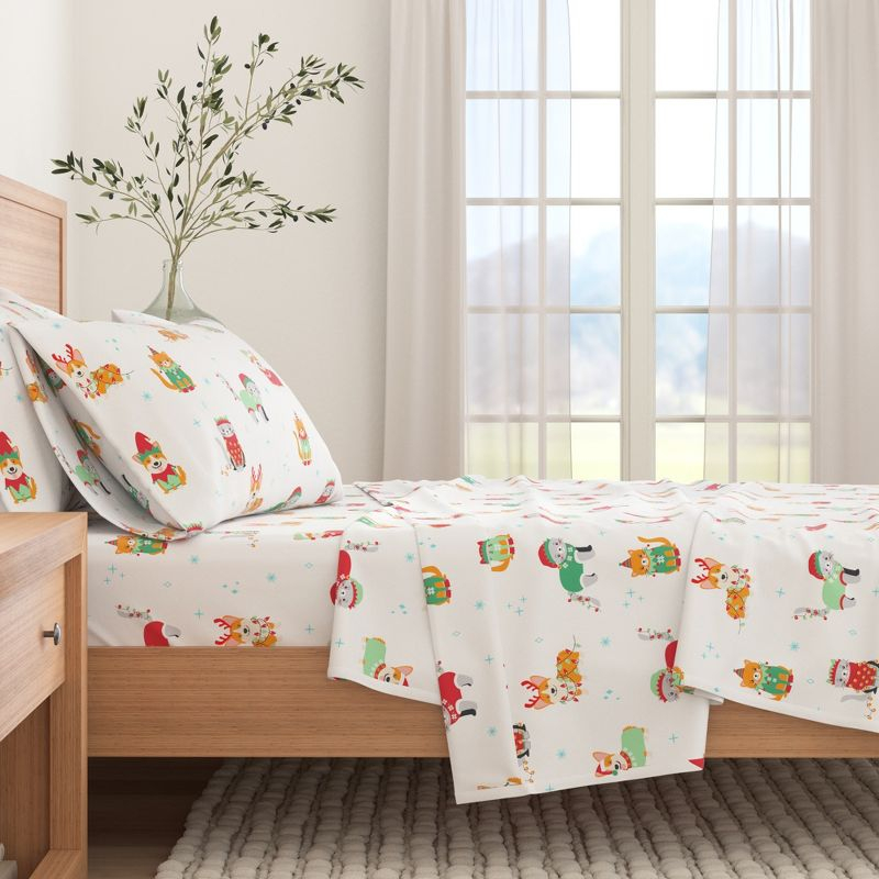 100% Cotton Christmas Flannel Sheets - Great Bay Home (Queen, Dog Cat Christmas)