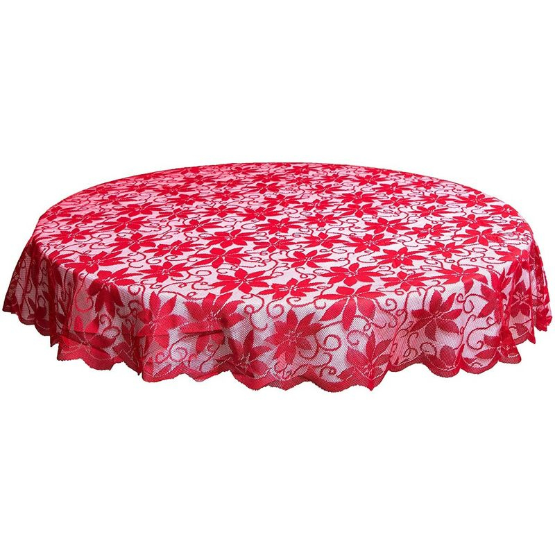 Juvale 72 Inch Round Tablecloth, Red Lace Christmas Tablecloth with Poinsettia Design for Holiday Decorations, Dining Room