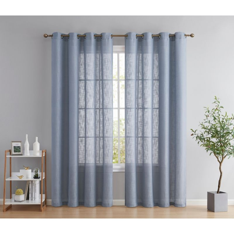HLC.ME Abbey Faux Linen Textured Semi Sheer Privacy Light Filtering Window Grommet Thick Curtain Panels, Set of 2 - Dusty Blue, 54 W x 84 L