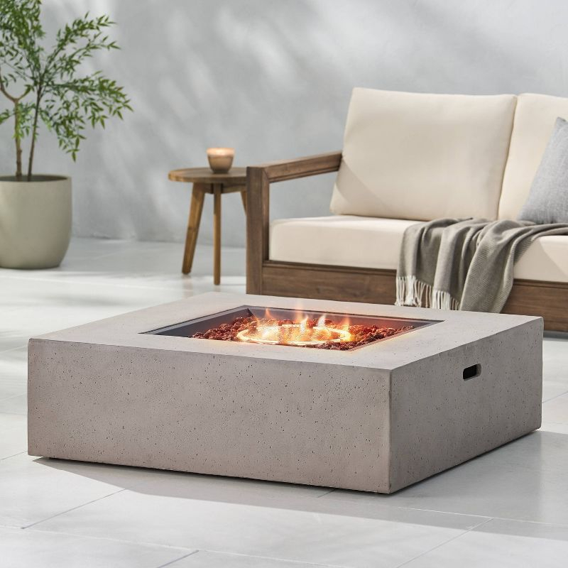 Aidan Outdoor 50000 BTU Light Weight Concrete Square Fire Pit Light Gray - Christopher Knight Home: No Assembly, Push Button Ignition