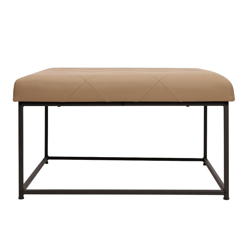 Emma and Oliver 30 in. Faux Leather Square Ottoman with Tufted Design and Sturdy Iron Frame, Light Brown Faux Leather/Black Frame