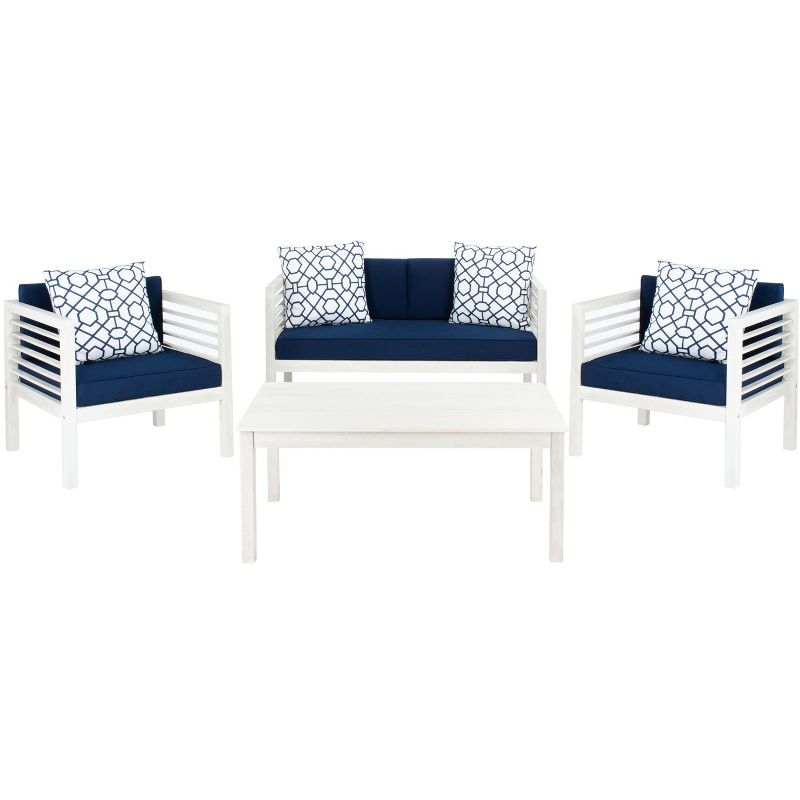 Alda 4 Piece Set - Indoor/Outdoor - PAT7033 - White/Navy + Trellis Pillow - Safavieh