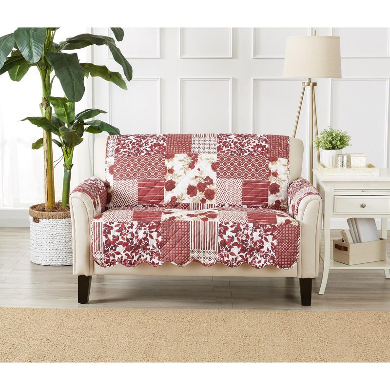 Reversible Stitched Patchwork Sofa Furniture Protector - Great Bay Home(Loveseat, Burgundy)