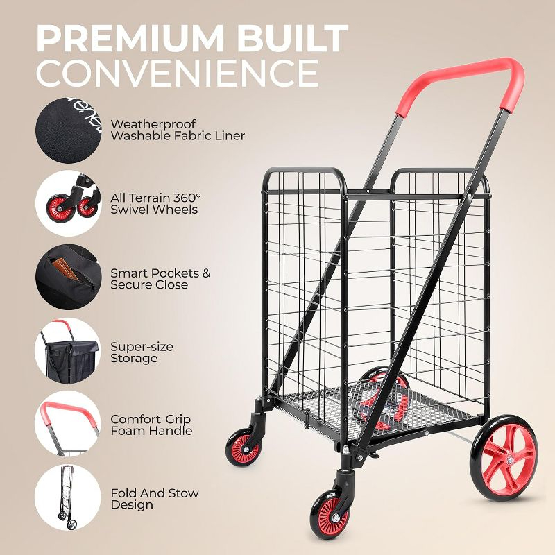 SereneLife Heavy Duty Foldable Shopping Cart with Removable Cart Liner - Red