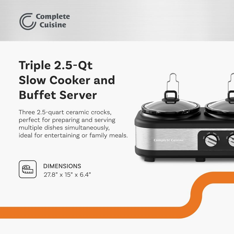 Complete Cuisine Stainless Steel Triple Slow Cooker, Buffet Food Server with Removable Ceramic Pots, Glass Lids for Kitchen, 2.5 Quart, Black/Silver