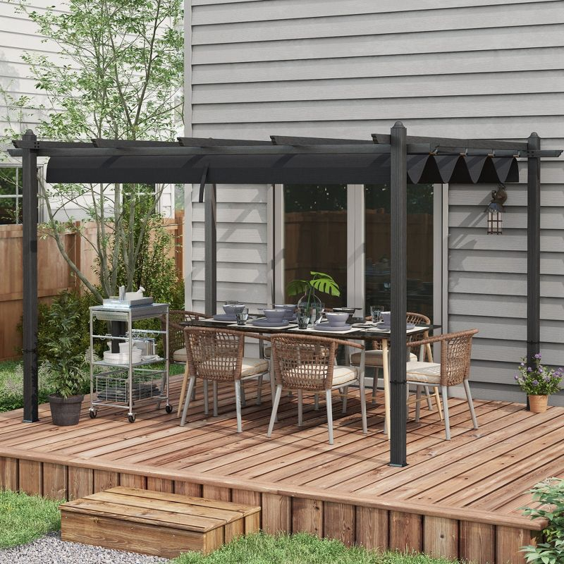 Outsunny 10' x 12' Outdoor Retractable Pergola, Heavy Duty Wood Grain Aluminum with Weather Resistant Fabric Sun Shade Canopy, Patio Shelter, Gray