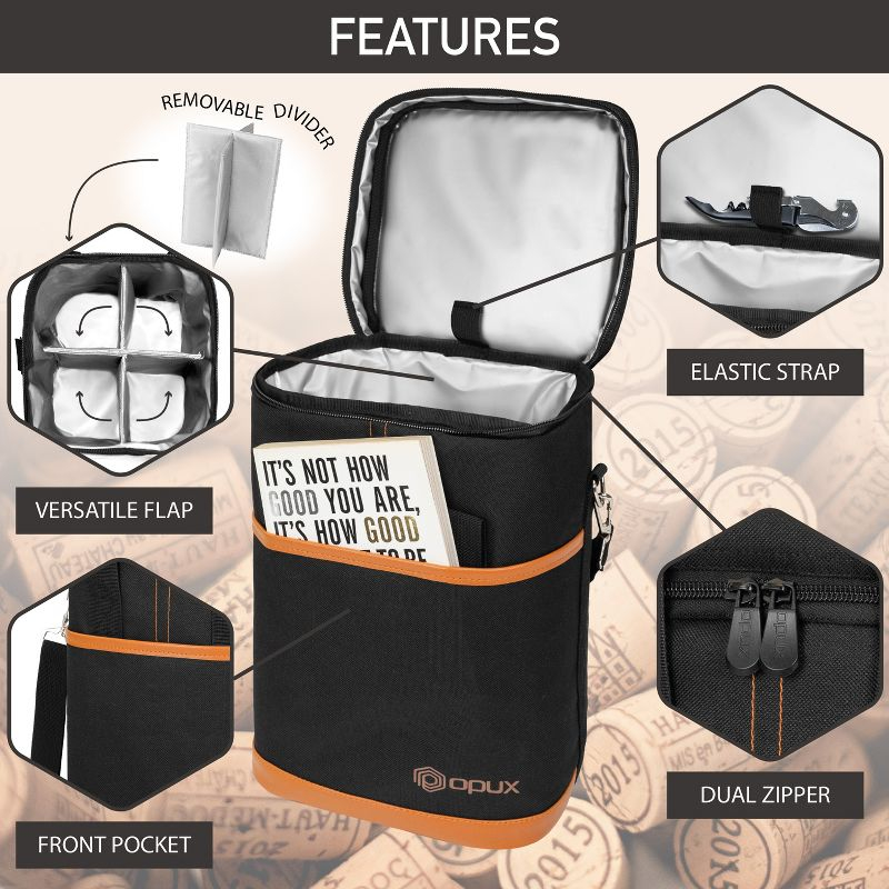OPUX Wine Bag, 4,6 Bottle Cooler Insulated Tote Carrier Travel Picnic BYOB, Leakproof Padded Portable Party Christmas Gift (Brown, 4 Bottle)