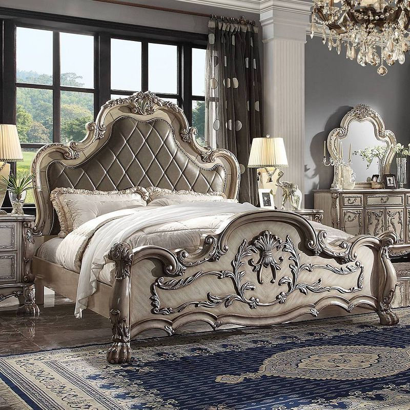 Acme Furniture Dresden 96" California King Bed Vintage Bone White: Victorian Style, Tufted Leather, No Box Spring Needed