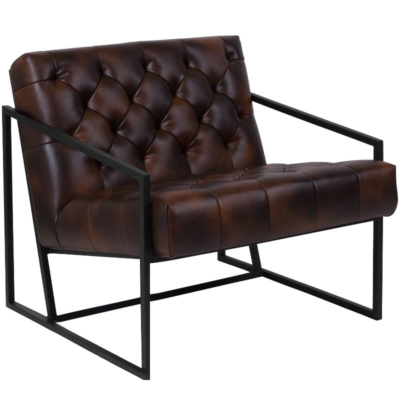 Merrick Lane Bomber Jacket Faux Leather Modern Lounge Chair With Tufted Seating and Black Metal Frame