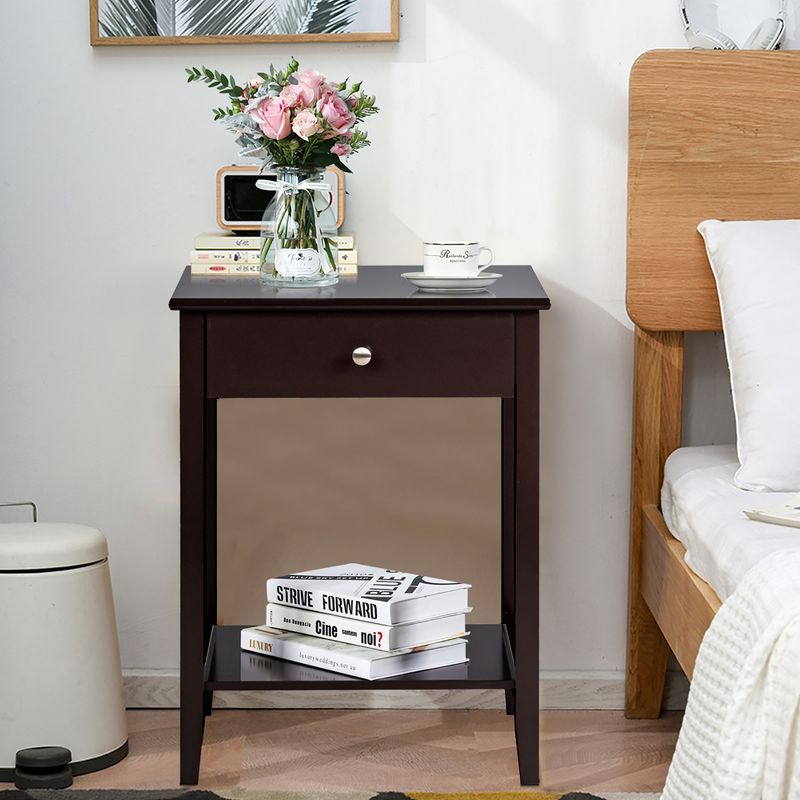 Tangkula End Table Nightstand w/Drawer & Shelf Bedroom Living Room Furniture Brown