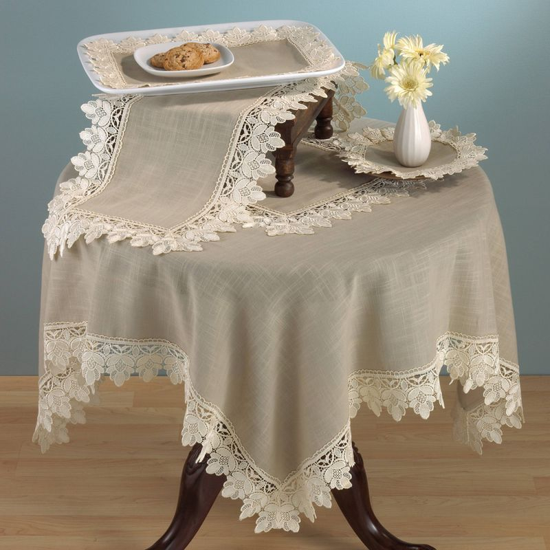 Taupe Lace Trimmed Tablecloth (72") - Saro Lifestyle: Polyester, Square Shape, Hand Wash, Elegant Dining Decor