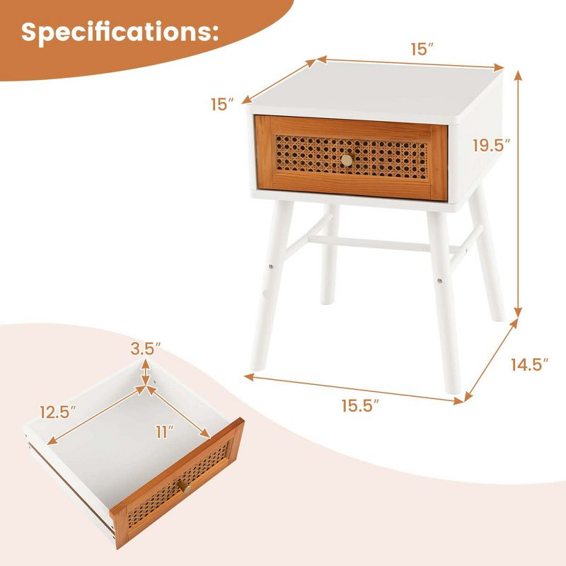 Costway 2 PCS Nightstand with Storage Drawer Rattan Decoration Solid Wood Legs for Bedroom