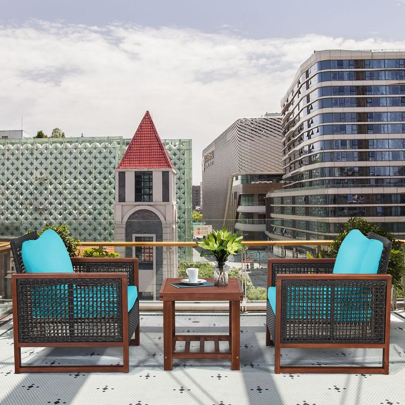 Costway 3PCS Patio Wicker Furniture Set Solid Wood Frame Cushion Sofa w/ Square Table Shelf Turquoise