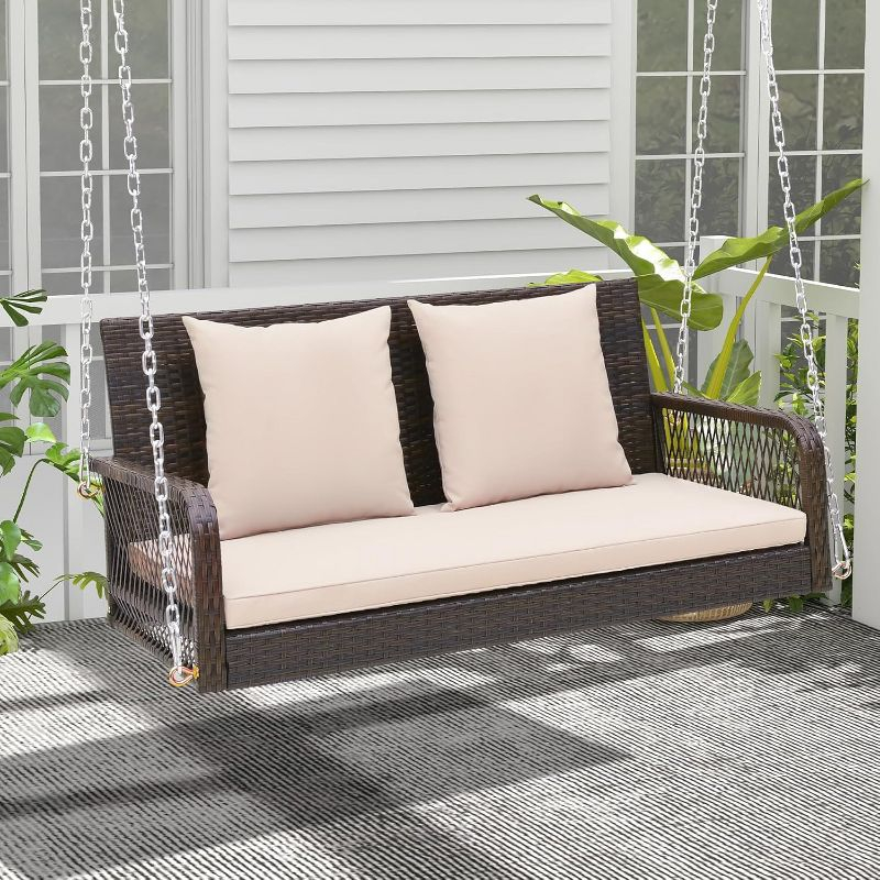 Tangkula Wicker Outdoor Porch Swing 800 LBS Capacity Outdoor Swing Bench w/ Hanging Chains Beige