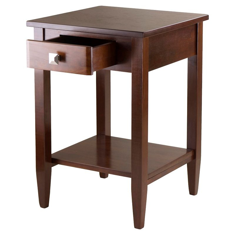 Richmond End Table with Tapered Leg Walnut Finish - Winsome: Modern Storage, Brushed-Chrome Knob, Hardwood