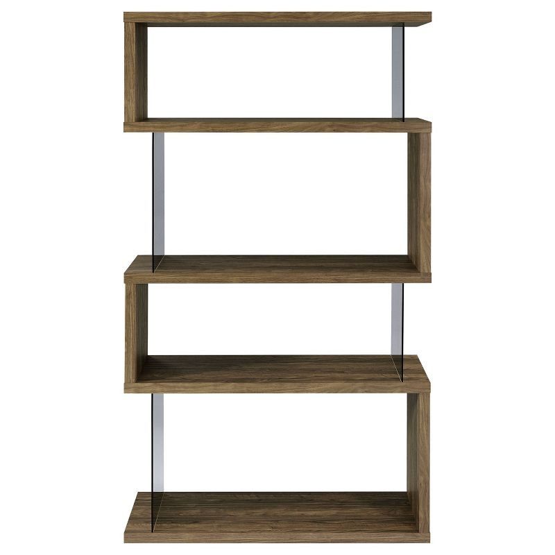 63" Emelle 4 Shelf Zig Zag Bookcase with Glass Panels Walnut - Coaster: Modern Laminated Storage Display