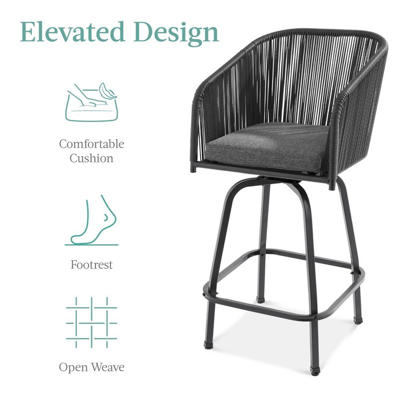 Best Choice Products Set of 2 Woven Wicker Swivel Barstools, Patio Bar Height Chairs w/ 360 Rotation - Black/Gray
