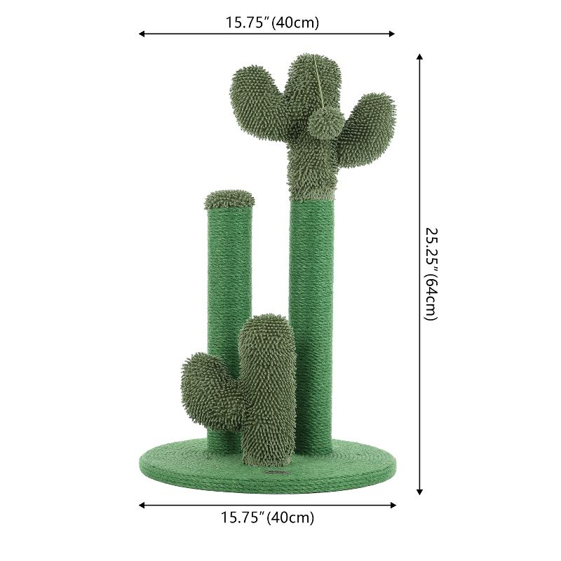 Marfa 25.25" Modern Jute Triple-Cactus Cat Scratching Post with Fuzzy Toy, Green