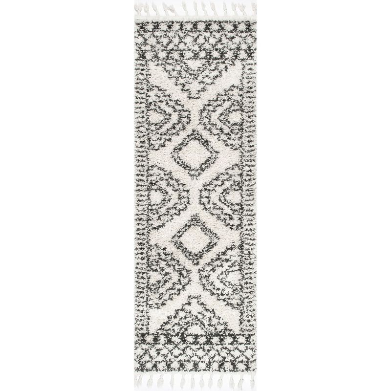 Nuloom Vasiliki Geometric 2x8 Runner Shag Indoor Area Rug for Living Room Bedroom Dining Room Nursery Entryway Hallway, Off White/Charcoal